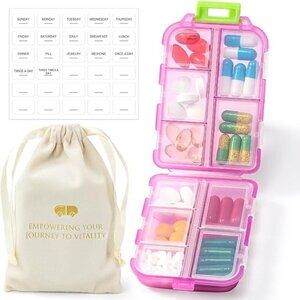 Travel Pill Organizer w Labels & 1 Drawstring Pouch (PINK) / BRAND NEW SEALED.